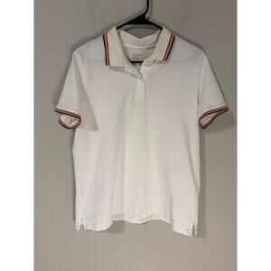 Lands’ End White Polo Shirt Rainbow Collar Trim Preppy Golfcore Women L